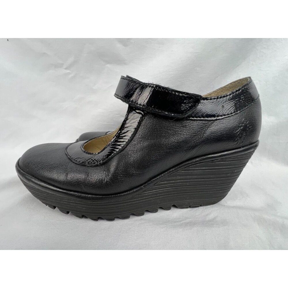 FLY LONDON Mary Jane Wedge Shoes Women's US 7 Black Leather Hook & Loop - Picture 2 of 13